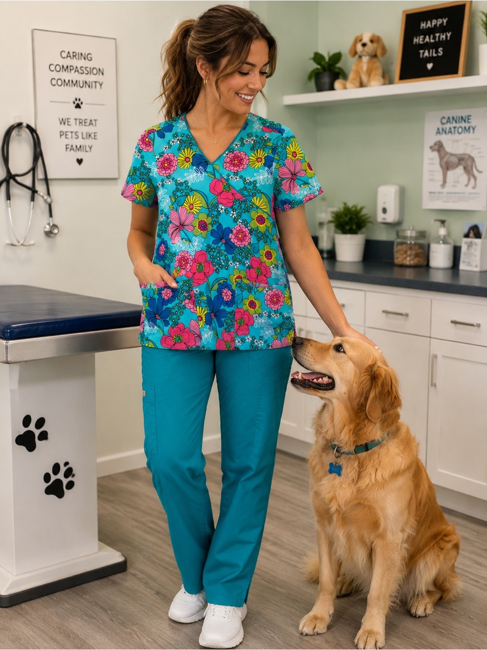 Cherokee Workwear Floral Scrub Top – Women’s M Medical – Bright Botanical Retro